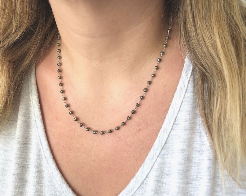 Pyrite Necklace Short Silver Beaded Necklace wire wrapped chain Minimalist Necklace Pyrite Beaded Necklace Rosary style Boho Necklace
