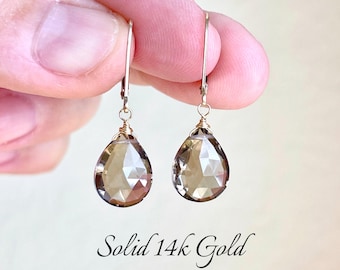 Smokey Topaz Earrings, Brown Smokey Topaz Teardrop Earrings in Solid 14k Gold, Genuine Topaz Real Gold Jewelry, Elegant Gift for Mom or wife