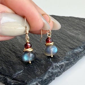 Labradorite and Garnet Earrings, Gray and Red Oval Small Earrings in Gold or Silver, Minimalist Jewelry, January Birthstone Gift for women