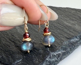 Labradorite and Garnet Earrings, Gray and Red Oval Small Earrings in Gold or Silver, Minimalist Jewelry, January Birthstone Gift for women