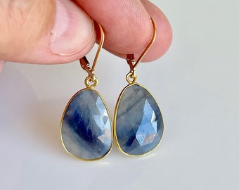 Sapphire Earrings, September Birthstone, Dark Navy Blue Sapphire Oval Statement Earrings in Gold Filled, Sapphire Jewelry Gift, Gift for her