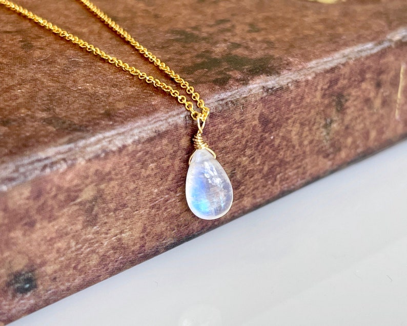 Rainbow Moonstone Necklace Smooth Rainbow Moonstone Teardrop Gold Filled