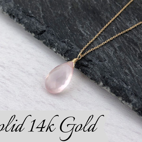 Rose Quartz Necklace, Pink Teardrop Pendant, Solid 14k Gold Necklace, Dainty Drop Gemstone, Real Gold, Unconditional Love, Minimalist Gift