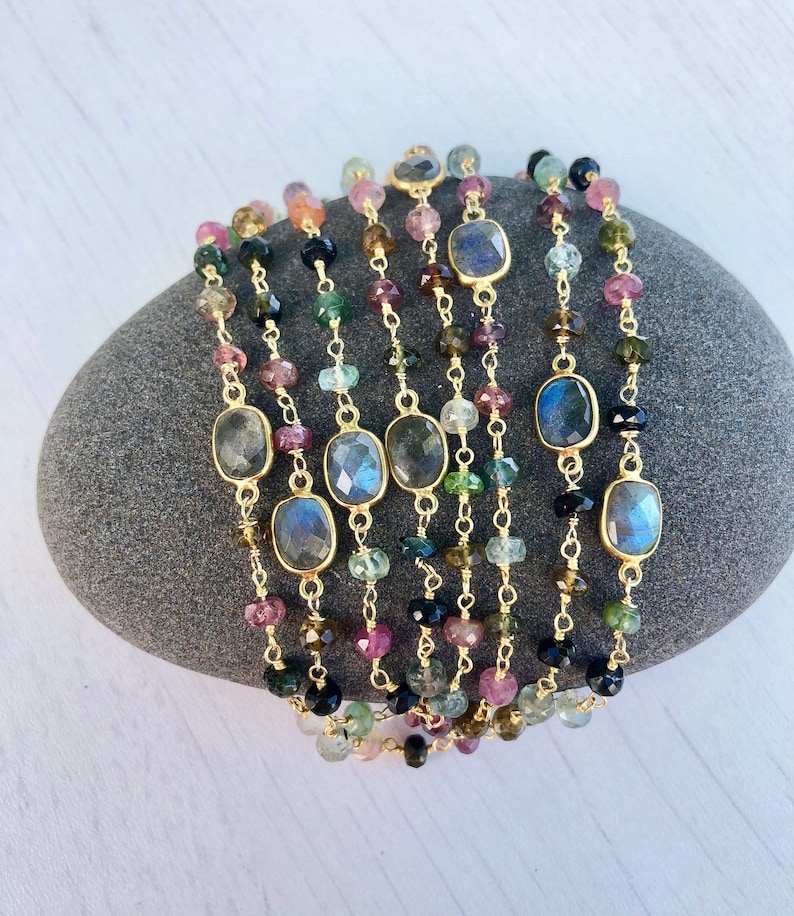 Watermelon Tourmaline Long Beaded Necklace, October Birthstone, Multicolor Gold Layering Necklace, Wire Wrapped Rosary Chain, Mom Wife Gift image 7