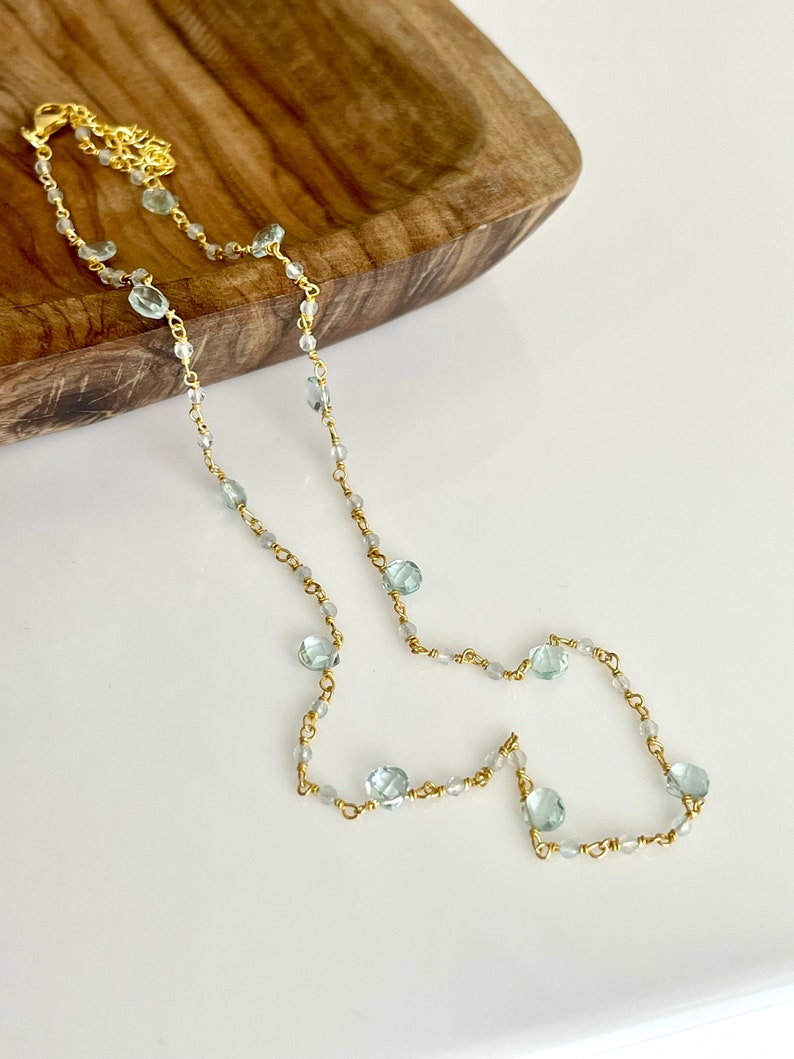 Aquamarine Necklace, March Birthstone, Light Blue Beaded Choker in Gold Filled, Wire wrapped Dainty Minimalist Necklace, Mother's Day Gift image 4
