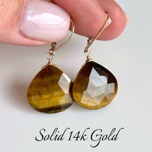 Tiger&#39;s Eye Earrings, Yellow and Brown Solid 14k Gold Teardrop Earrings, Tigers Eye Statement Pointy Drop Earrings, One of a Kind Mom Gift