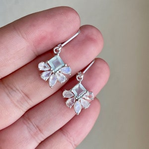 Rainbow Moonstone and Aquamarine Earrings, March Birthstone, Small Flower Drops, Floral Jewelry in Gold or Silver, Gemstone Gift for March