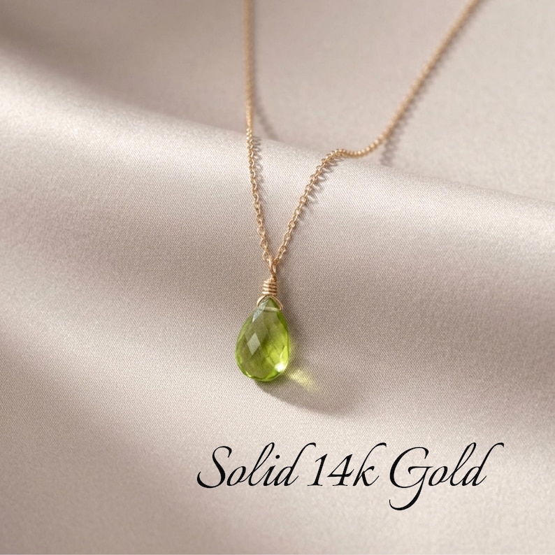 Peridot Necklace, August Birthstone, Green Peridot Pendant, Solid 14k Gold, Peridot Jewelry , Real Gold Necklace, Minimalist Gold Jewelry image 1
