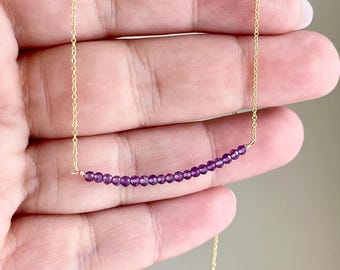 Amethyst Bar Necklace, February Birthstone, Dark Purple Horizontal Beaded Necklace, Minimalist Layering Jewelry Gold or Silver, Gift for her