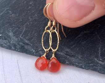 Carnelian Earrings, Orange Teardrop Earrings, Gold Minimalist Earrings, Small Orange Gemstone Silver Earrings, July Birthstone, Gift for her