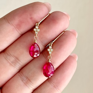 Pink Tourmaline Earrings, Hot Fuchsia Small Teardrop Dangle Earrings, October Birthstone, Gold Hot Pink Minimalist Earrings, Gift for women