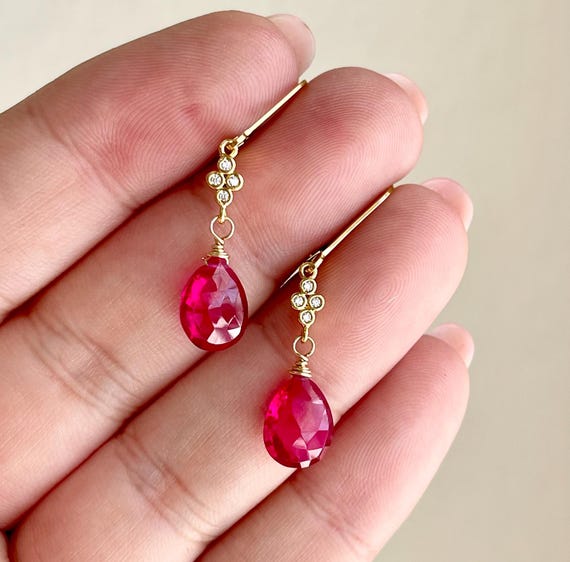 Pink Tourmaline Earrings Hot Fuchsia Small Teardrop Dangle Earrings October Birthstone Gold Hot Pink Minimalist Earrings Gift for Women Etsy