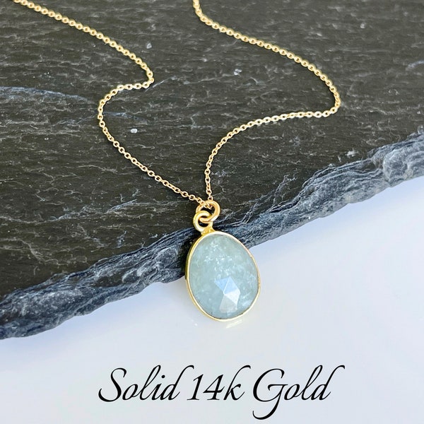 Aquamarine Necklace, March Birthstone, Milky Aquamarine Oval Pendant in Solid 14K Gold, Real Gold Minimalist Layering Necklace, gift for her