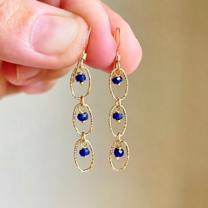 Blue Sapphire Earrings, September Birthstone, Dainty Navy Blue Dangle Earrings Gold or Silver, Sapphire Minimalist Jewelry, Blue Boho Gift