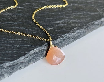 Peach Moonstone Necklace, Orange Moonstone Teardrop Pendant, Minimalist Layering Jewelry in Gold or Silver, June Birthstone Necklace Gift