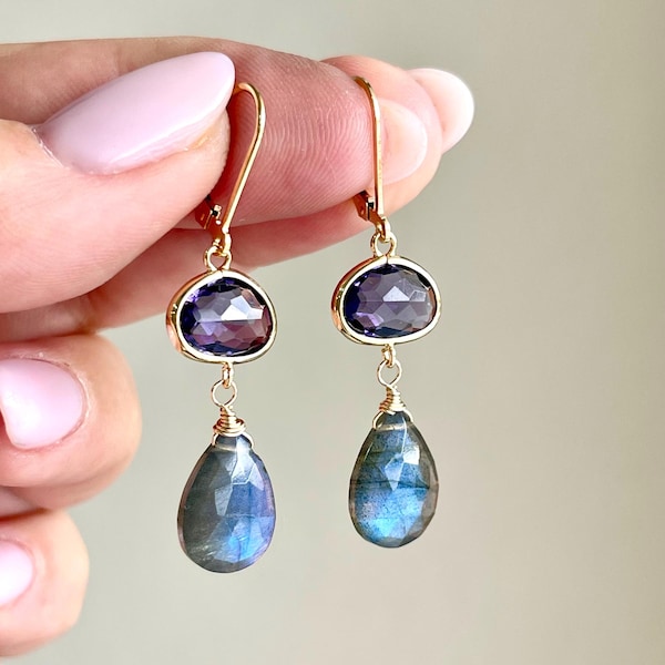 Amethyst and Labradorite Earrings, February Birthstone, Elegant Purple and Blue Statement Jewelry Gold or Silver, Lavender Mother's Day Gift