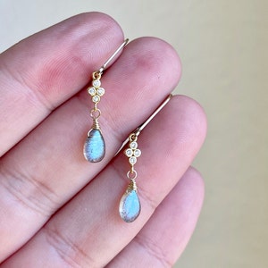 Labradorite Earrings, Blue Fire Labradorite Teardrop Dangle Minimalist Earrings Gold or Silver, Dainty Boho Chic Jewelry, Gift for women