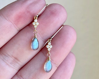 Labradorite Earrings, Blue Fire Labradorite Teardrop Dangle Minimalist Earrings Gold or Silver, Dainty Boho Chic Jewelry, Gift for women