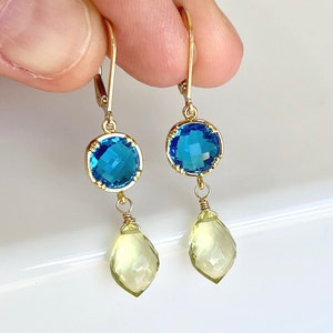 Apatite and Lemon Topaz Earrings, Neon Blue and Yellow Statement Earrings in Gold, Electric Blue Jewelry, Summer Earrings Gift for women