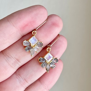 Rutilated Quartz and Moonstone Earrings, Tourmalinated Quartz and Moonstone Flower Drops in Gold or Silver, Black and White Jewelry Mom Gift