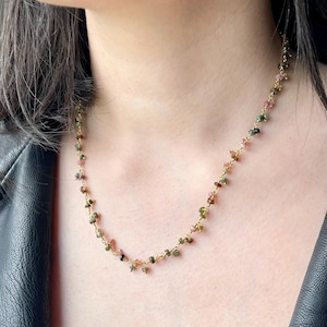 Watermelon Tourmaline Necklace, October Birthstone, Multi Beaded Necklace, Dainty Watermelon Tourmaline Chain, Layering Necklace for women