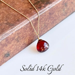 Garnet Necklace, Red Garnet Pendant, January Birthstone, Solid 14k Gold, Real Gold Necklace, Large Garnet Drop Solid Gold Necklace for women
