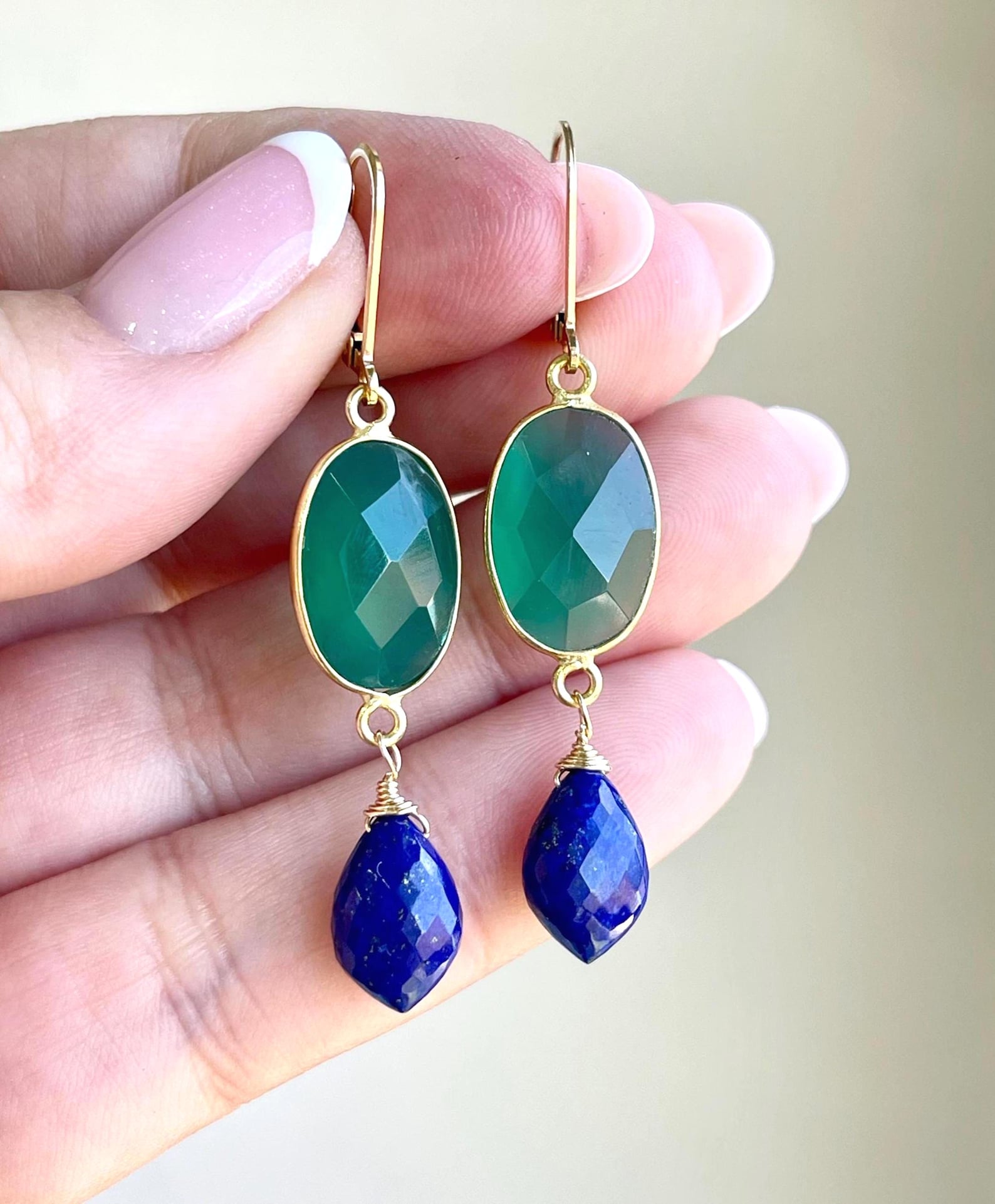 Green Onyx and Lapis Lazuli Statement Earrings, Green and Navy Blue Elongated Earrings in Gold, Bold Long Oval Boho Jewelry, Gift for her
