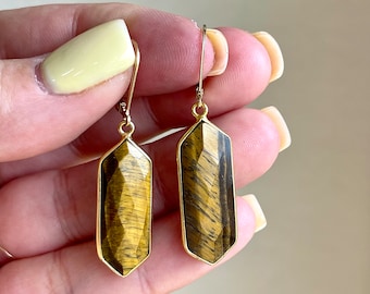 Tiger's Eye Statement Earrings, Yellow Brown Faceted Elongated Hexagon Earrings in Gold Filled, Mustard Pattern Boho Jewelry Gift for Mom