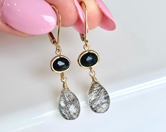 Onyx and Rutilated Quartz Earrings, Black Teardrop Earrings Gold or Silver, Tourmalinated Quartz Dangle Drops, Black Jewelry, Gift for her