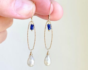 Sapphire and Silverite Earrings, September Birthstone, Navy Blue and White Elongated Large Oval Earrings in Gold, Genuine Sapphire Gift