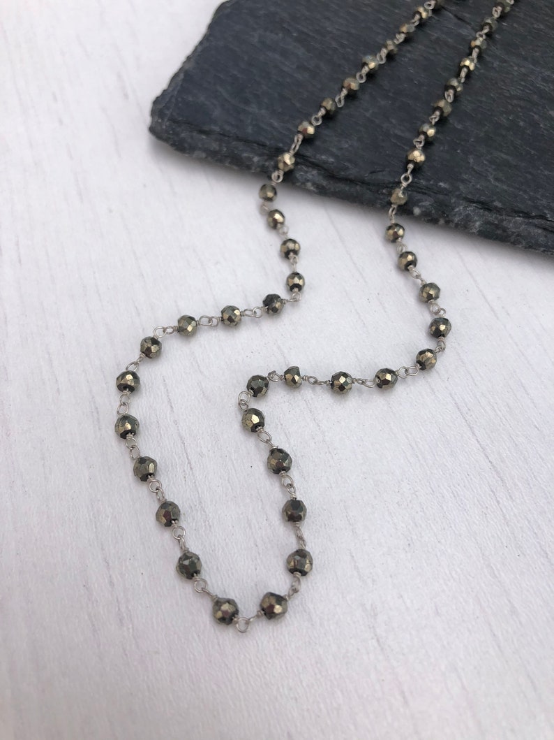 Pyrite Necklace Short Silver Beaded Necklace wire wrapped chain Minimalist Necklace Pyrite Beaded Necklace Rosary style Boho Necklace