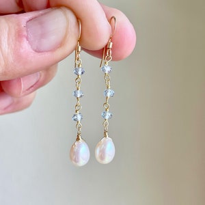 Pearl and Aquamarine Earrings, White and Blue Dangle Drops, Elegant Pearl Beaded Earrings Gold or Silver, June Birthstone, Gift for women