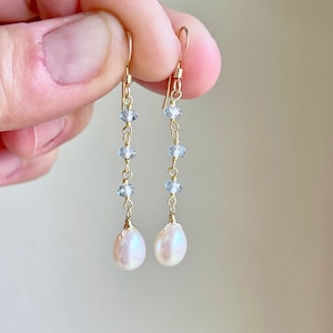 Pearl and Aquamarine Earrings, White and Blue Dangle Drops, Elegant Pearl Beaded Earrings Gold or Silver, June Birthstone, Gift for women Gold Filled