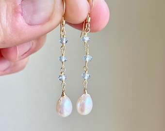 Pearl and Aquamarine Earrings, White and Blue Dangle Drops, Elegant Pearl Beaded Earrings Gold or Silver, June Birthstone, Gift for women