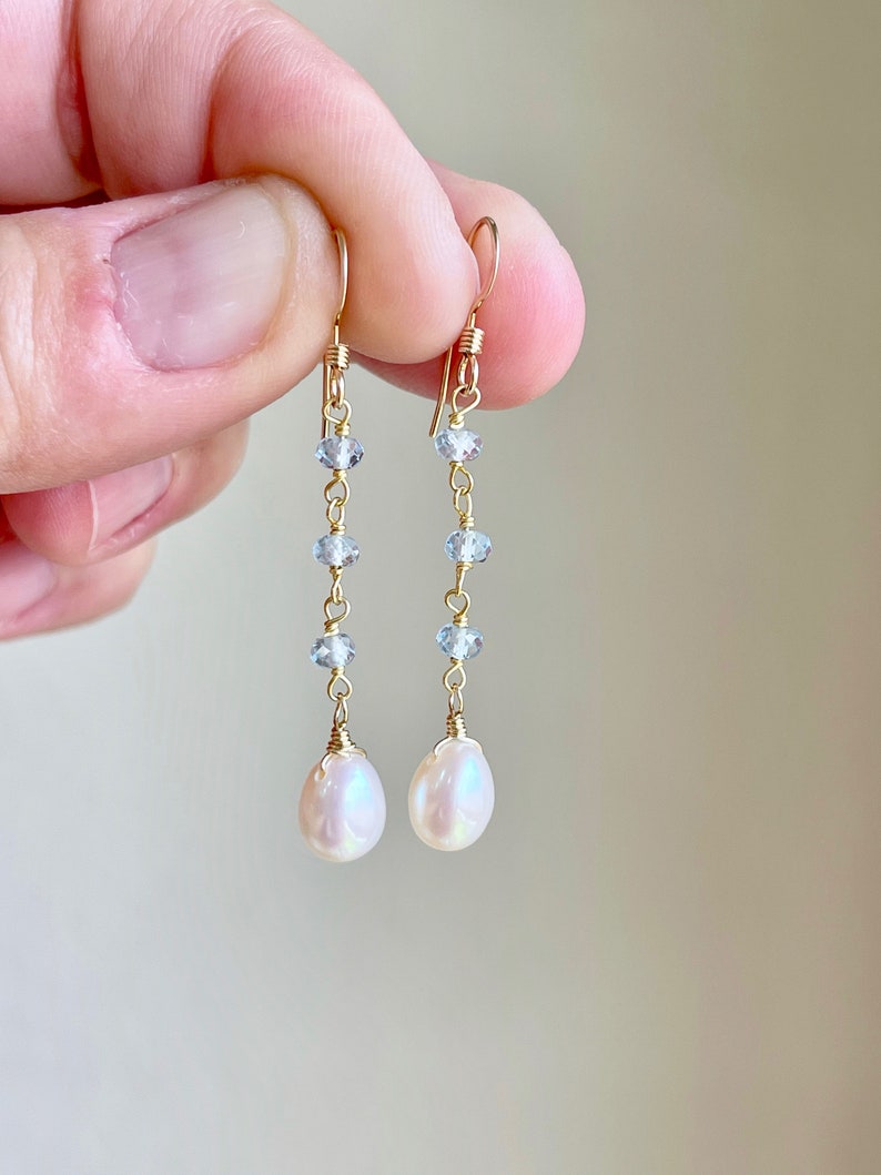 Pearl and Aquamarine Earrings, White and Blue Dangle Drops, Elegant Pearl Beaded Earrings Gold or Silver, June Birthstone, Gift for women Gold Filled