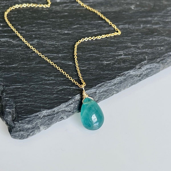 Green Tourmaline Necklace, October Birthstone, Teal Teardrop Pendant, Layering Drop Necklace Gold or Silver, Minimalist Jewelry October Gift