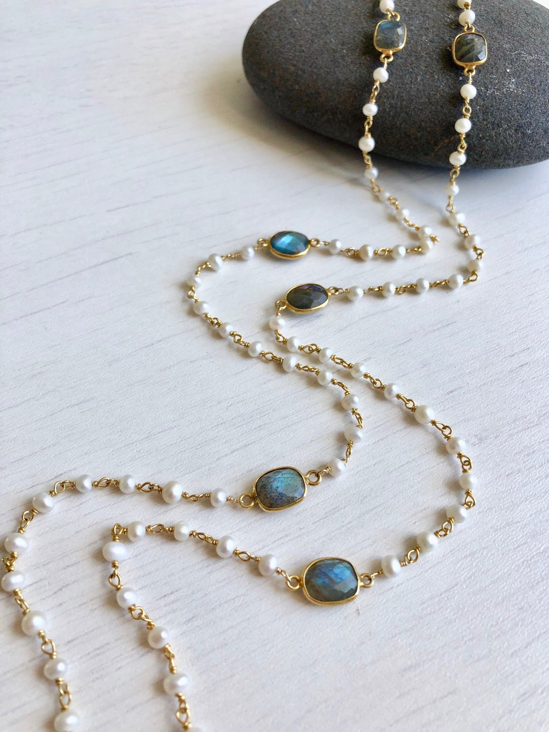 Pearl and Labradorite Necklace, White Pearl Long Necklace, Layering ...