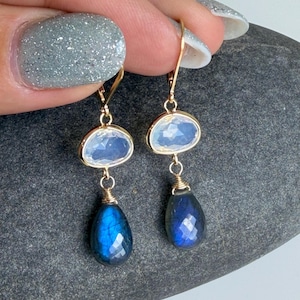 Opalite and Labradorite Earrings, October Birthstone, Elegant White and Blue Statement Jewelry Gold or Silver, Milky White Mother's Day Gift