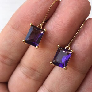 Amethyst Earrings, February Birthstone, Dark Purple Amethyst Emerald Cut Earrings in Gold or Silver, Rectangle prong Drops, Gift under 50 image 4