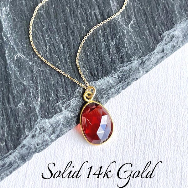 Garnet Necklace, January Birthstone, Solid 14K Gold Necklace, Minimalist Red Oval Pendant, Garnet Jewelry, Real Gold Holiday Gift for women