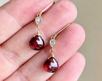 Garnet Earrings, January Birthstone, Red Teardrop Dangle Earrings, Minimalist Earrings Gold or Silver, Dainty Garnet Jewelry, Gift for women