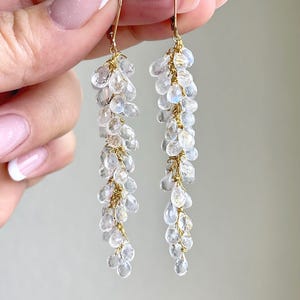 Rainbow Moonstone Earrings, June Birthstone, White Long Teardrop Cluster Earrings in Gold, Statement Shoulder Duster Jewelry, Gift for women