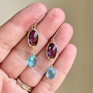 Amethyst and Aquamarine Earrings, February Birthstone, Statement Earrings in Gold or Silver, Purple and Blue Jewelry, Gift for Mother&#39;s Day