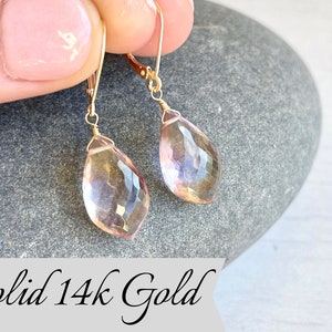 Ametrine Earrings, Solid 14k Gold, Ametrine Teardrop Earrings, February Birthstone, Lavender Gemstone Earrings, Yellow Gold Gift for Wife