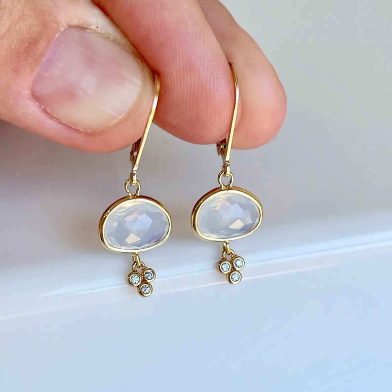 Opalite Earrings, White Opal Oval Earrings in Gold or Silver, Mint Minimalist Dainty Drops, October Birthstone Delicate Small Jewelry Gift image 2