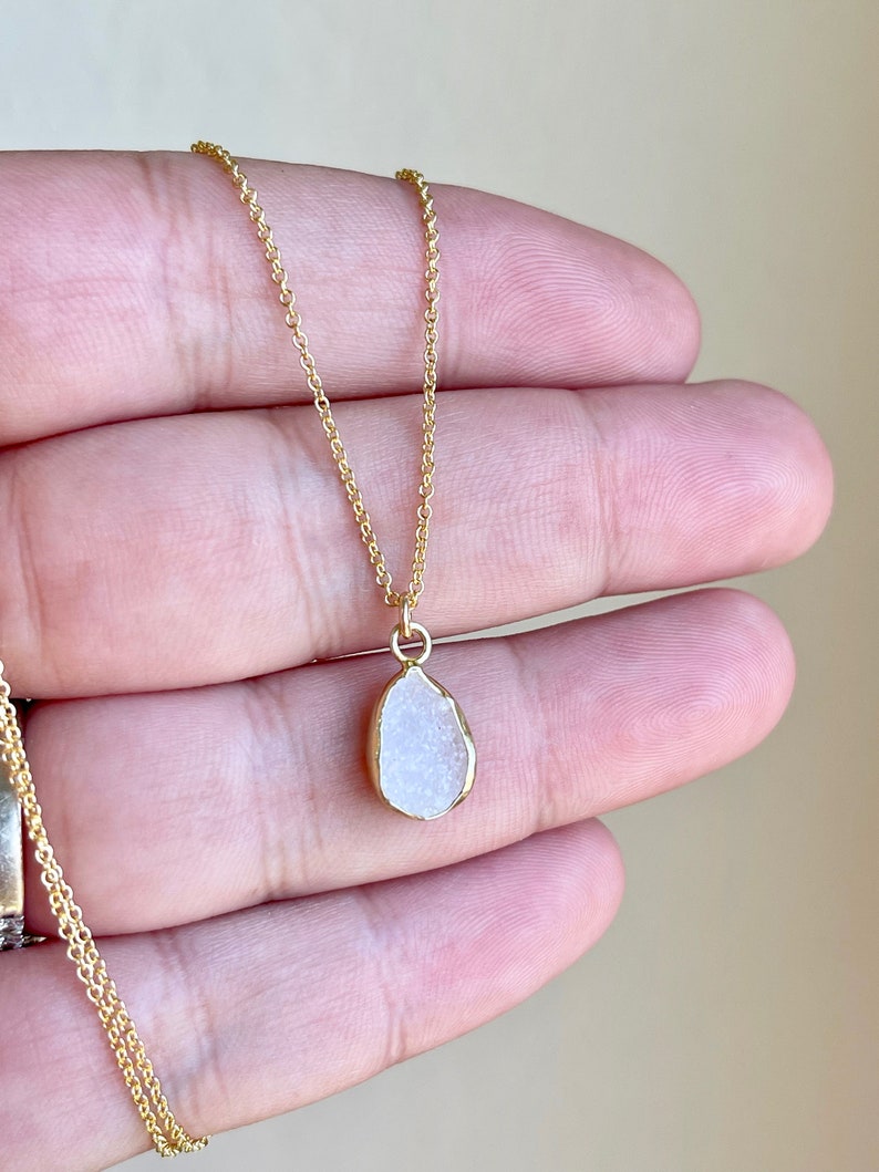 White Druzy Necklace, Geode Crystal Pendant, White Teardrop Necklace, Minimalist Necklace in Gold, Layering Jewelry, Boho Gift for her image 4