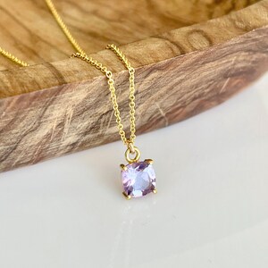 Amethyst Necklace, Tiny Lavender Amethyst Square Pendant in Gold, February Birthstone, Minimalist Soft Purple Layering Jewelry, Gift for her