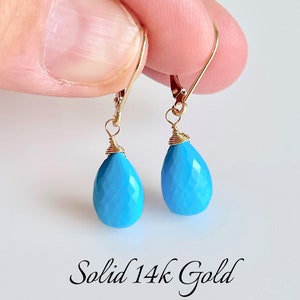 Turquoise Earrings, December Birthstone, Solid 14k Gold Aqua Blue Teardrop Minimalist Earrings, Real Turquoise Jewelry, Gift for December