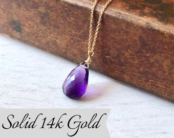 Amethyst Necklace, February Birthstone, Solid 14k Gold, Purple Amethyst Teardrop Pendant, Layering Amethyst Jewelry, Real Gold, Gift for her