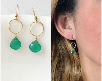 Emerald Green Earrings, Dainty Green Dangle Earrings, May Birthstone, Bridesmaid Earrings, Green Onyx Earrings, Gift for her under 30.